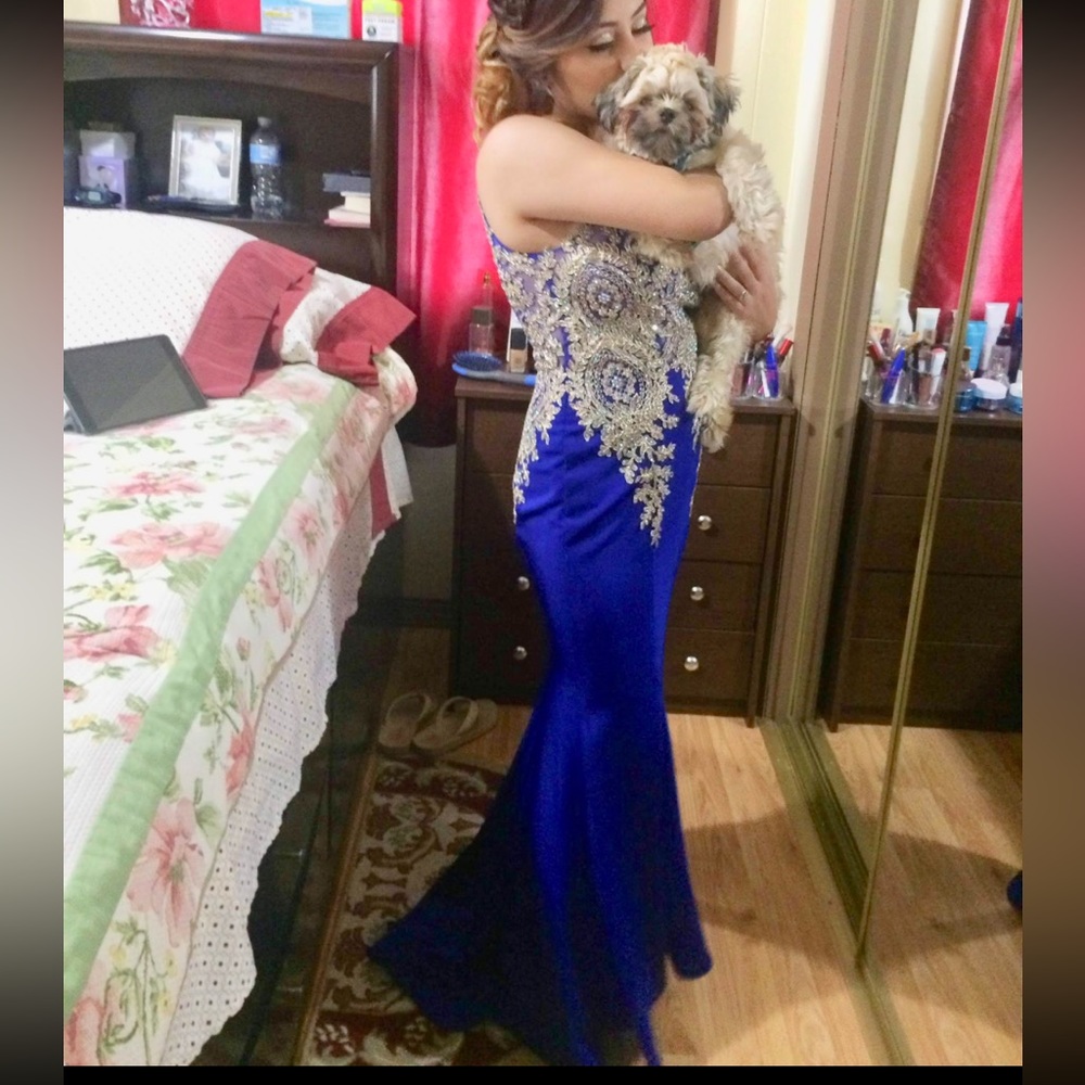Blue rhinestone long special event dress for Short people!